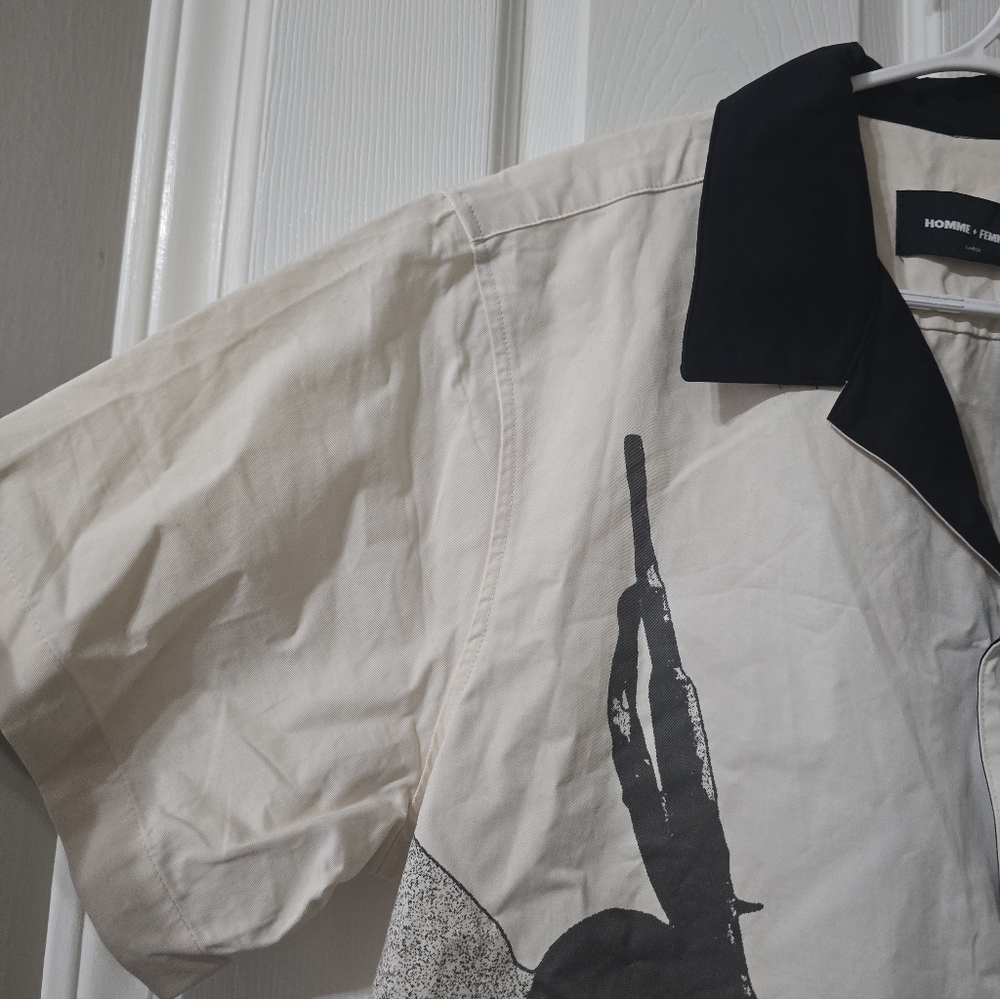 Homme + Femme Child Of War Short Sleeve Collared Button Down Cotton Shirt, EUC! - Picture 3 of 11